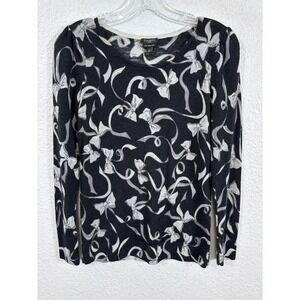 Talbots Sweater Womens Petite Small PS Black Bow Print Merino Wool Knit Top